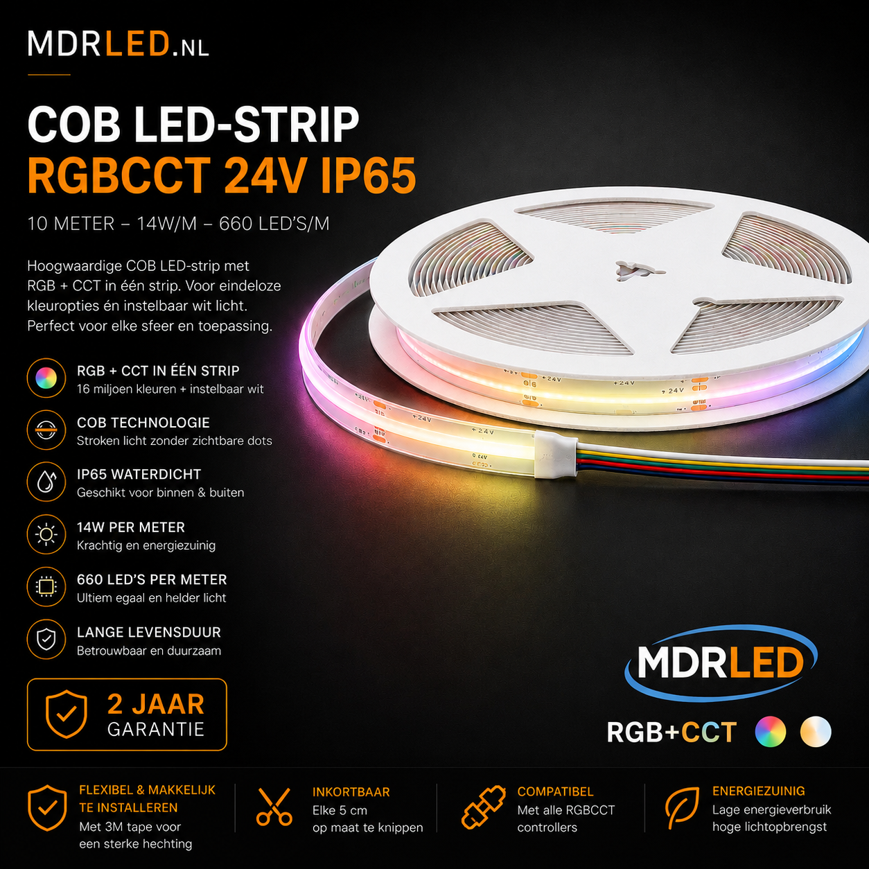 RGBCCT COB LED Strip 24V IP65 10M 14W/M Dimbaar MDRLED®