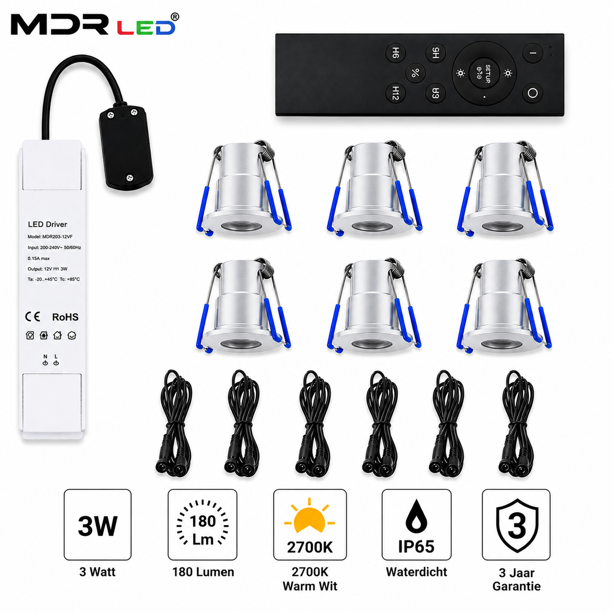 MDRLED® LED Inbouwspot Set 6 Stuks | 3W | 2700K | IP65
