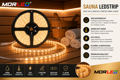 Sauna LED Strip IP68 | 24V | 5M | 3000K | 10W/m | Opruiming | MDRLED Premium